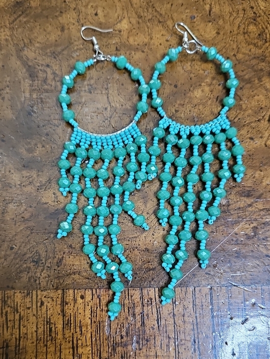 Jewelry - Turquoise Beaded Fringe Hoop Earrings - Women Jewelry